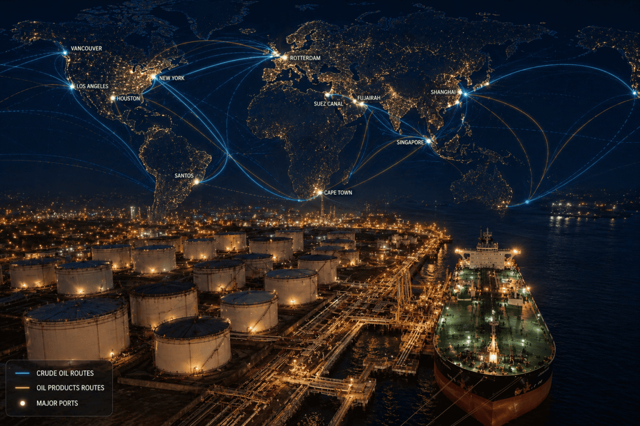 Overlay of world map trade routes or port lights at night