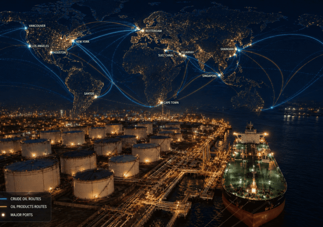 Overlay of world map trade routes or port lights at night