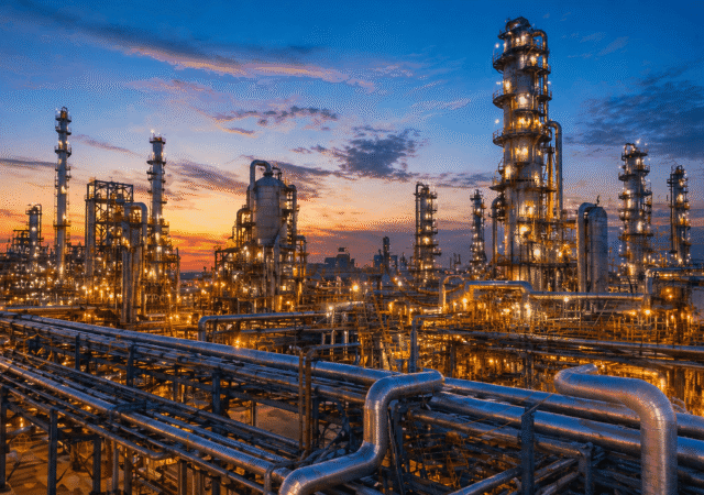 Modern refinery complex pipes and towers