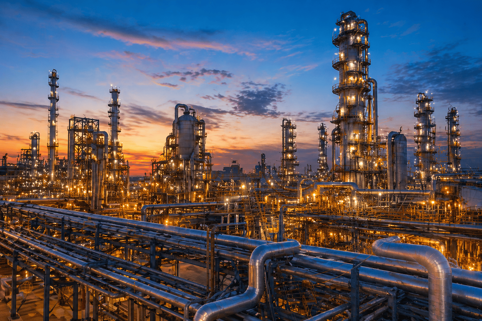 Modern refinery complex pipes and towers