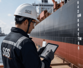 Inspector with SGS-style helmet and tablet