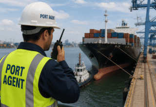Port agent with radio overlooking vessel
