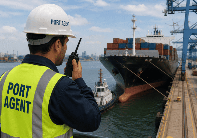 Port agent with radio overlooking vessel