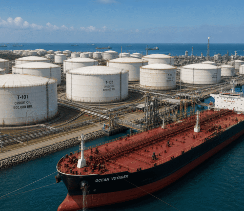 Large crude storage tanks at port