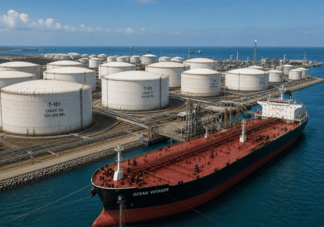 Large crude storage tanks at port