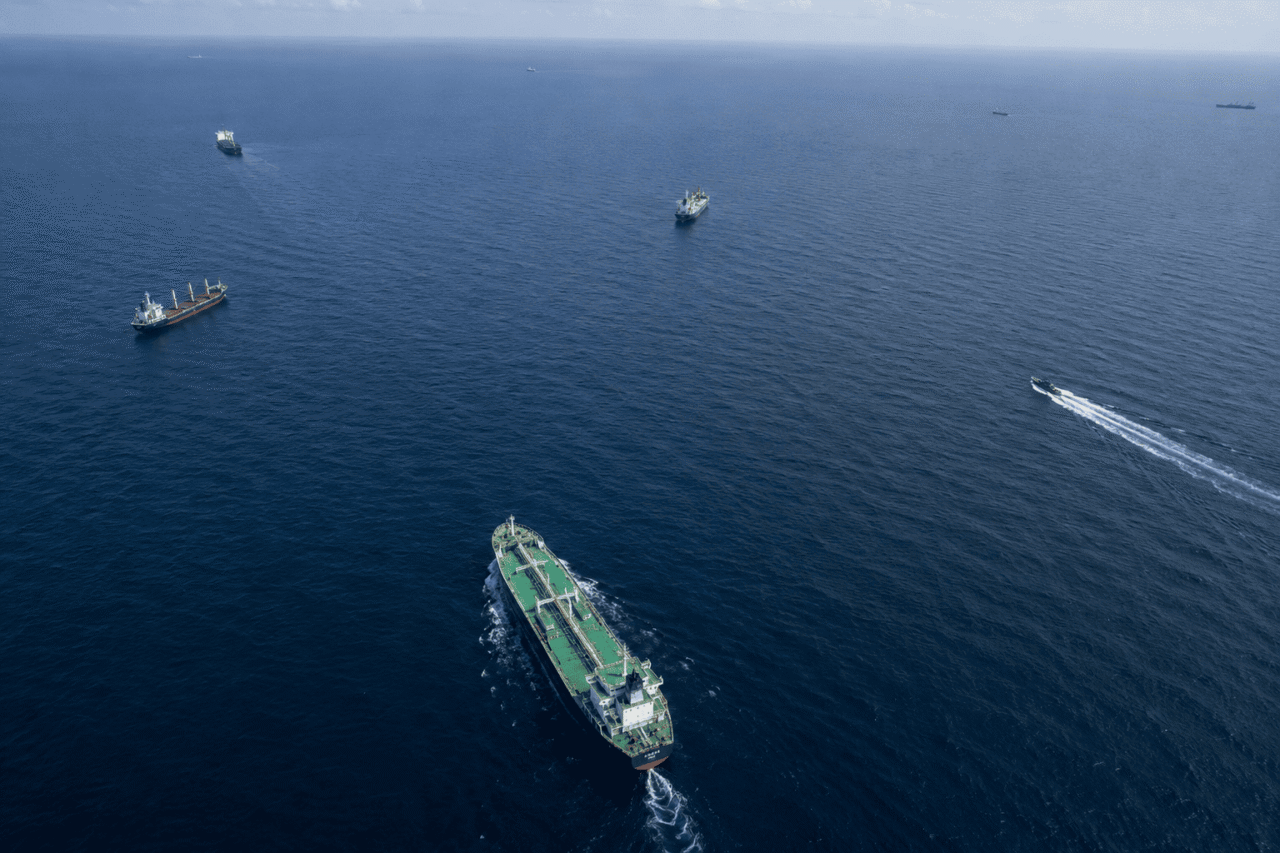 Multiple vessels in open sea from drone view