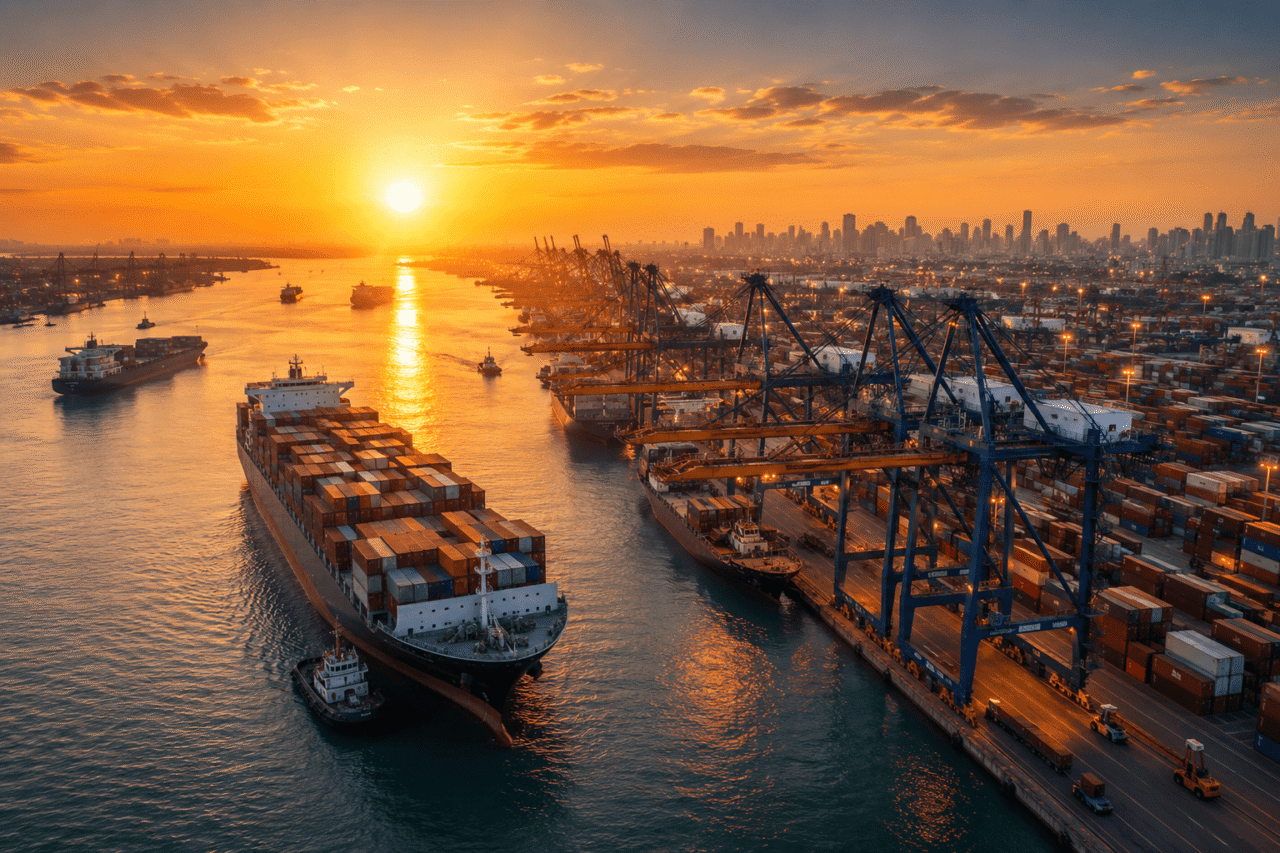 Sunrise over port terminal (symbolic growth)